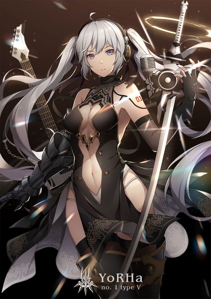 Anime picture 1004x1421 with nier nier:automata vocaloid hatsune miku kiyo (chaoschyan) single long hair tall image looking at viewer fringe breasts blue eyes light erotic twintails bare shoulders holding cleavage silver hair ahoge nail polish