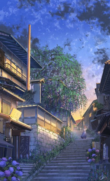 Anime picture 1096x1800 with original niko p tall image signed sky cloud (clouds) evening sunset alley girl dress flower (flowers) plant (plants) tree (trees) building (buildings) stairs house camera hydrangea