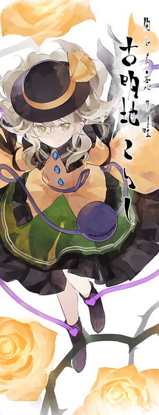 Anime picture 394x1026 with touhou komeiji koishi shihou (g-o-s) single tall image fringe short hair hair between eyes green eyes from above light smile grey hair character names wavy hair girl flower (flowers) hat heart rose (roses) blouse