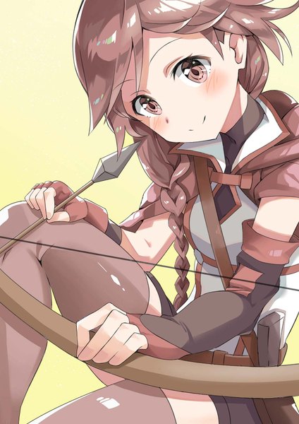 Anime picture 1240x1754 with hai to gensou no grimgar a-1 pictures yume (grimgar) xuan chu single long hair tall image blush fringe simple background smile brown hair sitting holding brown eyes bent knee (knees) braid (braids) head tilt zettai ryouiki sleeveless