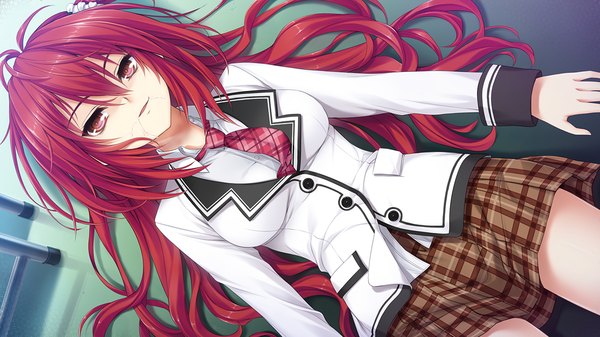 Anime picture 1280x720 with semiramis no tenbin kamio ami single long hair looking at viewer red eyes wide image game cg red hair lying girl skirt uniform school uniform