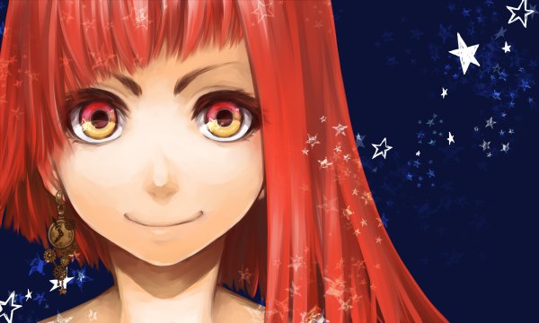 Anime picture 1200x720 with original daikichi maru single looking at viewer short hair smile red eyes wide image yellow eyes red hair dark background face multicolored eyes girl earrings star (symbol)