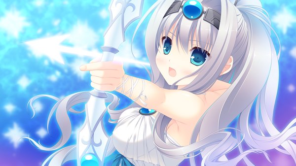 Anime picture 1280x720 with magical dears diana lanford single long hair looking at viewer open mouth blue eyes wide image game cg silver hair girl dress weapon bow (weapon) arrow (arrows)