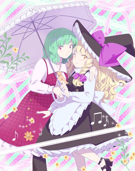 Anime picture 1581x2005 with touhou kirisame marisa kazami yuuka ofuton zeb long hair tall image short hair blonde hair red eyes multiple girls yellow eyes braid (braids) green hair twin braids shared umbrella girl flower (flowers) bow 2 girls hair bow