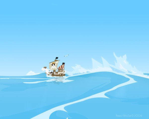 Anime picture 1280x1024 with one piece toei animation going merry sky outdoors no people skull and crossbones animal sea bird (birds) watercraft wave (waves) ship seagull