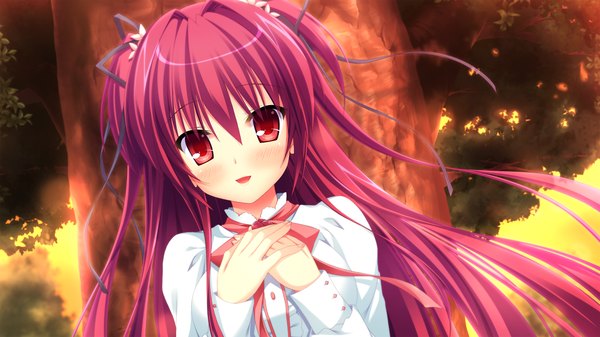 Anime picture 2560x1440 with love la bride sakuranomori misaki takano yuki (allegro mistic) long hair blush highres open mouth red eyes wide image game cg red hair girl ribbon (ribbons) hair ribbon