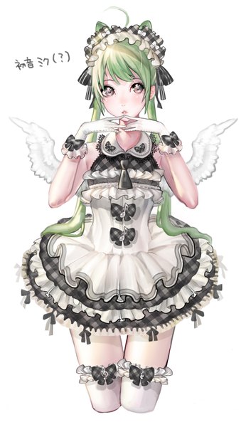 Anime picture 2264x3927 with vocaloid hatsune miku pantsumoriko single long hair tall image looking at viewer blush highres simple background white background twintails brown eyes ahoge green hair sleeveless hieroglyph white wings fingers together girl
