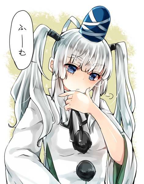 Anime picture 1000x1272 with touhou mononobe no futo mimoto (aszxdfcv) single long hair tall image blush fringe blue eyes twintails silver hair traditional clothes japanese clothes hand on hip looking down alternate hairstyle girl hat