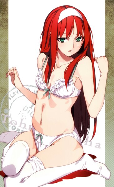 Anime picture 3475x5710 with shingetsutan tsukihime type-moon toono akiha morii shizuki single long hair tall image highres light erotic green eyes absurdres red hair scan underwear only girl thighhighs navel underwear panties white thighhighs