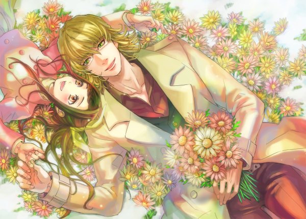 Anime picture 1200x861 with tiger & bunny sunrise (studio) barnaby brooks jr. kaburagi kaede emi (ennichi atelier) long hair short hair blonde hair smile brown hair brown eyes green eyes lying braid (braids) light smile sparkle couple holding hands snow open collar