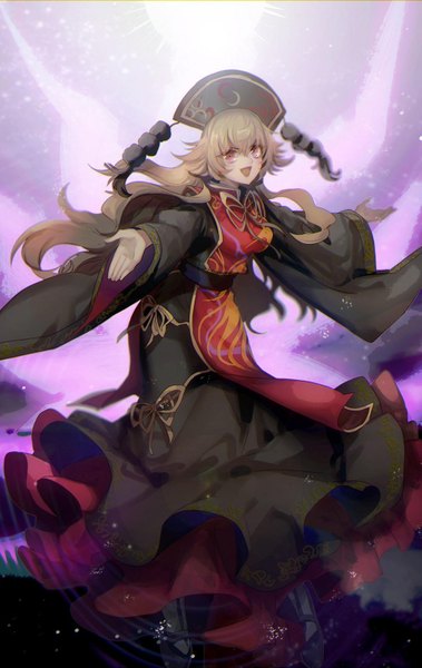 Anime picture 1024x1621 with touhou junko (touhou) no-kan single long hair tall image looking at viewer fringe blonde hair hair between eyes red eyes full body traditional clothes chinese clothes spread arms girl headdress tabard