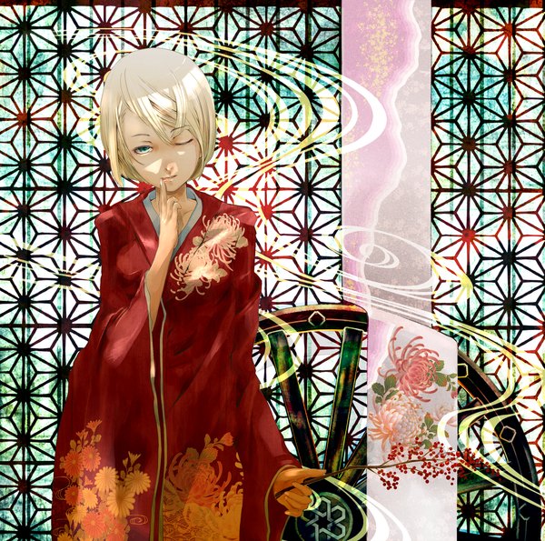Anime picture 2200x2183 with vocaloid work from quareallel (vocaloid) kagamine rin nine (plantroom9) single looking at viewer highres short hair blue eyes blonde hair traditional clothes japanese clothes one eye closed wink floral print finger to mouth asa no ha (pattern) girl flower (flowers) kimono