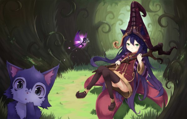 Anime picture 1920x1224 with league of legends lulu (league of legends) long hair looking at viewer highres green eyes animal ears purple hair reclining insect wings butterfly wings fairy girl hat animal tree (trees) staff forest camera