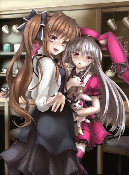 Anime picture 842x1140 with kamomen long hair tall image blush open mouth red eyes brown hair multiple girls brown eyes animal ears silver hair bunny ears girl thighhighs dress bow 2 girls hair bow toy stuffed animal