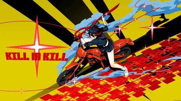 Anime picture 2300x1294 with kill la kill studio trigger matoi ryuuko arsenixc looking at viewer highres short hair blue eyes black hair wide image red hair multicolored hair inscription two-tone hair sparkle streaked hair smoke skirt uniform weapon