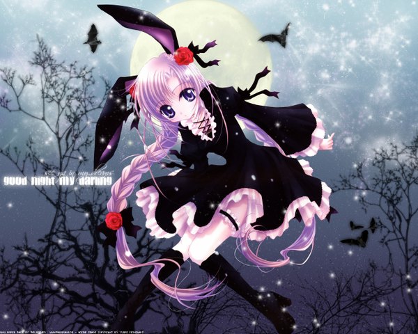 Anime picture 1280x1024 with loli bunny ears snowing winter lolita fashion goth-loli animal bird (birds) moon full moon