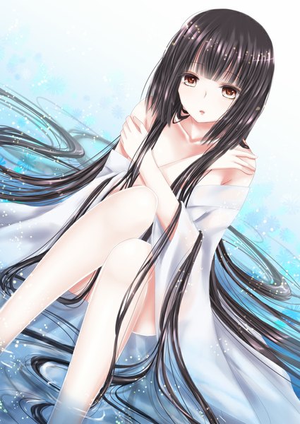 Anime picture 708x1000 with original hiroharu single long hair tall image looking at viewer light erotic black hair brown eyes very long hair girl