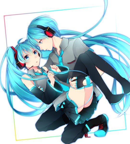 Anime picture 1400x1549 with vocaloid hatsune miku hatsune mikuo zaki127 tall image short hair light erotic twintails multiple girls very long hair aqua eyes aqua hair couple carrying princess carry girl skirt gloves 2 girls detached sleeves