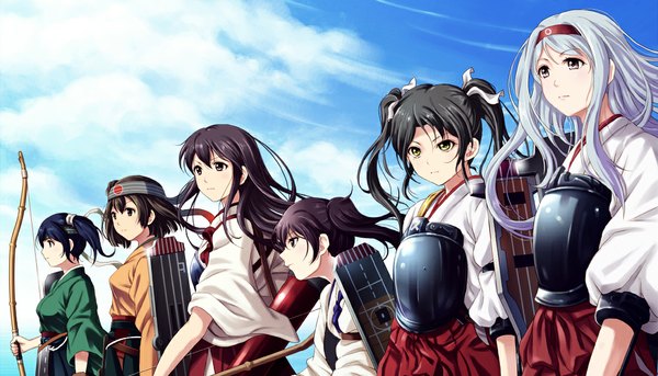 Anime picture 1100x630 with kantai collection kaga aircraft carrier akagi aircraft carrier shoukaku aircraft carrier zuikaku aircraft carrier souryuu aircraft carrier hiryuu aircraft carrier shian (my lonly life.) long hair short hair black hair wide image twintails multiple girls brown eyes sky cloud (clouds) white hair traditional clothes black eyes