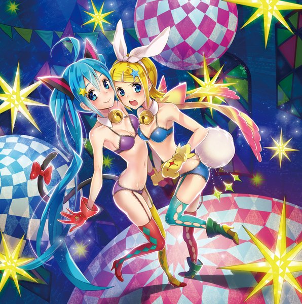 Anime picture 2000x2016 with vocaloid hatsune miku kagamine rin yamori (stom) tall image looking at viewer blush highres short hair open mouth blue eyes light erotic blonde hair smile twintails multiple girls animal ears very long hair animal tail aqua eyes