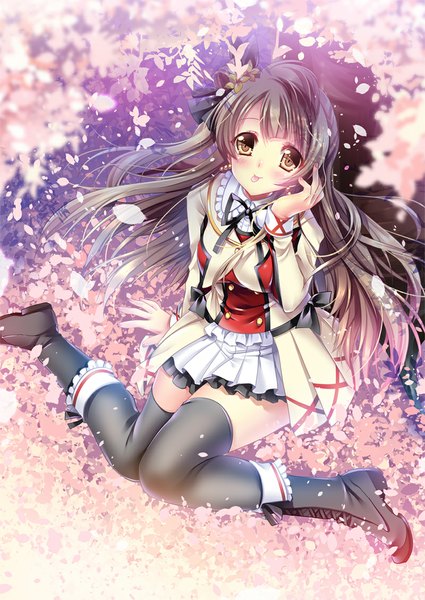 Anime picture 800x1128 with love live! school idol project sunrise (studio) love live! minami kotori sakurano tsuyu single long hair tall image looking at viewer blush brown eyes grey hair one side up girl thighhighs dress black thighhighs petals boots