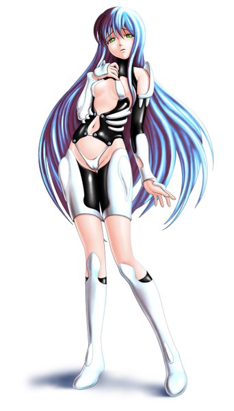 Anime picture 800x1400 with evilflesh (artist) single long hair tall image looking at viewer light erotic simple background white background green eyes blue hair hand on chest cameltoe girl navel underwear panties suit