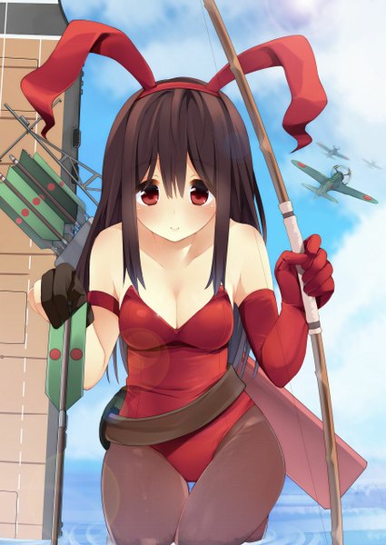 Anime picture 906x1280 with kantai collection akagi aircraft carrier nigo (aozoragarou) single long hair tall image looking at viewer blush light erotic red eyes brown hair animal ears bunny ears girl gloves weapon elbow gloves bunnysuit bow (weapon) arrow (arrows)
