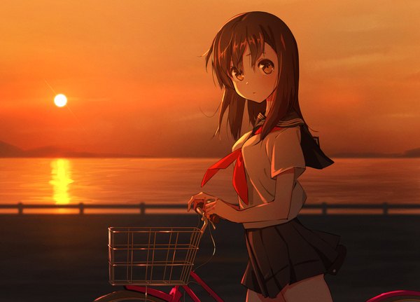 Anime picture 1000x719 with original domo1220 single long hair looking at viewer blush fringe breasts hair between eyes brown hair holding brown eyes sky outdoors pleated skirt sunlight :o short sleeves evening reflection