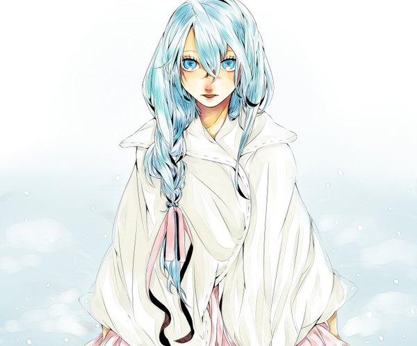 Anime picture 1448x1200 with eco (mayoko) single long hair blue eyes white background blue hair braid (braids) snowing girl ribbon (ribbons)