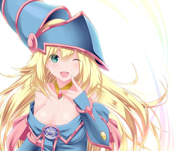 Anime picture 1700x1438 with yu-gi-oh! dark magician girl karucho single long hair fringe breasts open mouth light erotic simple background blonde hair hair between eyes large breasts white background bare shoulders green eyes cleavage upper body one eye closed wink