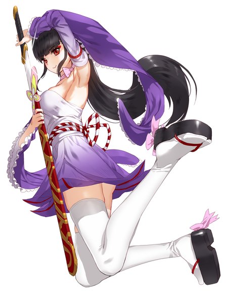 Anime picture 797x1070 with original kfr long hair tall image fringe light erotic black hair simple background smile red eyes white background bent knee (knees) armpit (armpits) jumping sheathed unsheathing girl thighhighs dress weapon