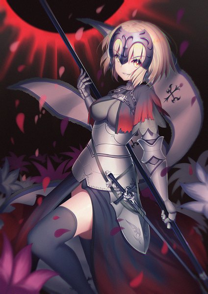 Anime picture 700x990 with fate (series) fate/grand order fate/apocrypha jeanne d'arc (fate) (all) jeanne d'arc alter (fate) kr (sapphire) single tall image looking at viewer short hair blonde hair smile holding yellow eyes bent knee (knees) zettai ryouiki eclipse girl thighhighs black thighhighs