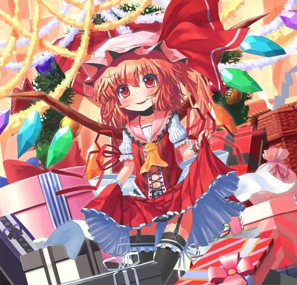 Anime picture 1200x1150 with touhou flandre scarlet patricia (stylish marunage) single blush red eyes red hair loli one side up happy girl dress hat wings gift crystal christmas tree