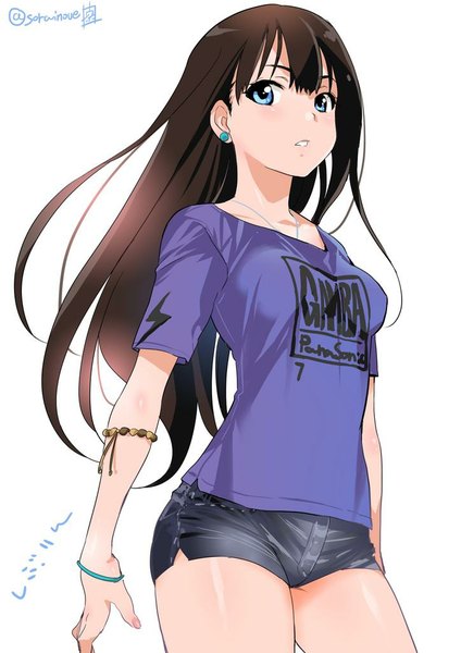 Anime picture 724x1024 with idolmaster idolmaster cinderella girls shibuya rin inoue sora single long hair tall image looking at viewer fringe blue eyes simple background brown hair white background signed parted lips inscription girl earrings shorts bracelet
