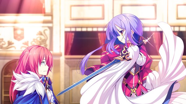 Anime picture 1280x720 with kimi to boku to no kishi no hibi: rakuen no chevalier minamihori asuna long hair wide image multiple girls brown eyes game cg purple hair red hair profile girl dress weapon 2 girls sword