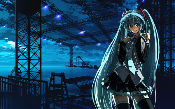 Anime picture 1920x1200 with vocaloid hatsune miku single long hair highres blue eyes smile wide image twintails cloud (clouds) green hair night girl skirt detached sleeves miniskirt necktie lantern