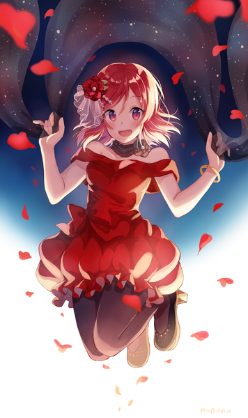 Anime picture 843x1419 with love live! school idol project sunrise (studio) love live! nishikino maki nonono (nononotea) single tall image looking at viewer blush short hair breasts open mouth smile red eyes bare shoulders signed full body bent knee (knees) red hair hair flower