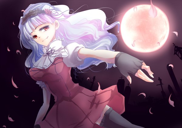 Anime picture 1770x1253 with idolmaster shijou takane yurine (artist) single long hair highres red eyes white hair teeth fang (fangs) red moon girl thighhighs dress black thighhighs petals fingerless gloves cemetery