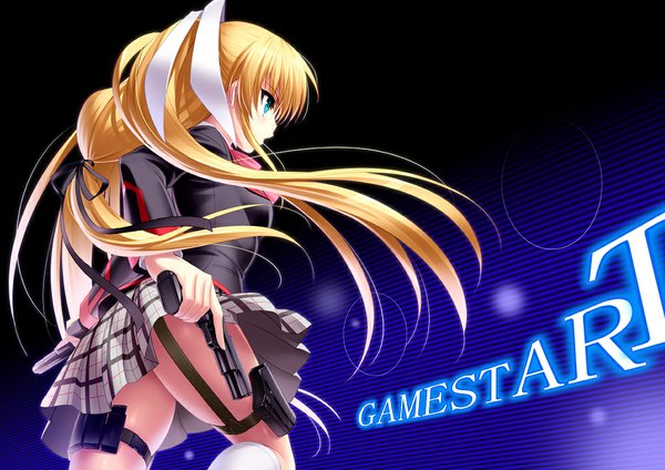 Anime picture 1000x707 with little busters! key (studio) tokido saya zen (kamuro) single long hair blue eyes blonde hair profile girl skirt uniform ribbon (ribbons) weapon hair ribbon school uniform gun