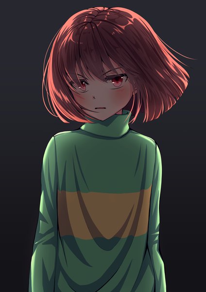 Anime picture 1191x1684 with undertale chara (undertale) fj (artist) single tall image looking at viewer blush fringe short hair open mouth simple background red eyes brown hair upper body hair over one eye dark background angry androgynous sweater turtleneck