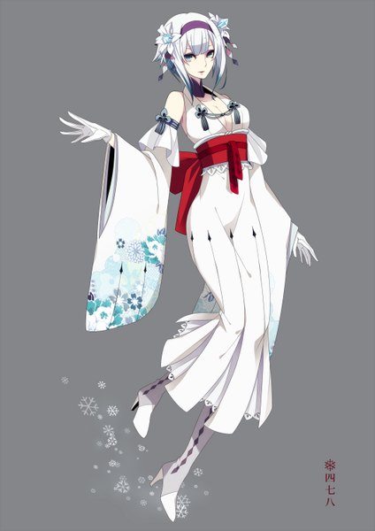 Anime picture 1061x1500 with pokemon nintendo froslass merlusa single tall image looking at viewer fringe short hair breasts simple background cleavage white hair hair flower aqua eyes grey background wide sleeves high heels bob cut personification