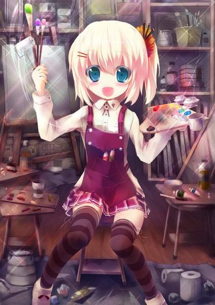 Anime picture 1200x1697 with original taharu kousuke single tall image blush short hair open mouth blue eyes blonde hair loli painting girl thighhighs hair ornament striped thighhighs shelf paintbrush paint art brush easel