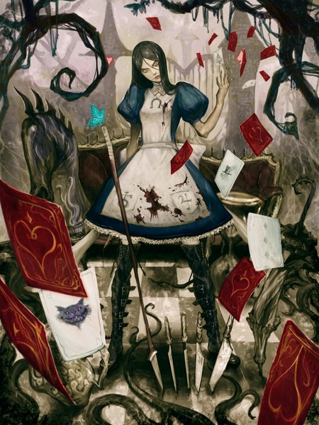 Anime picture 1126x1500 with american mcgee's alice (game) alice: madness returns alice (wonderland) cheshire cat ikeda masateru single long hair tall image black hair green eyes checkered floor girl weapon insect butterfly blood thigh boots knife card (cards)