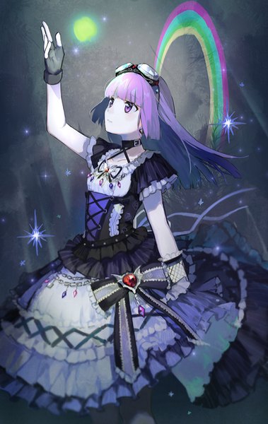 Anime picture 506x800 with aikatsu! hikami sumire hou (ppo) single long hair tall image looking at viewer fringe standing purple eyes looking away purple hair arm up lolita fashion goth-loli goggles on head gothic girl gloves ribbon (ribbons)