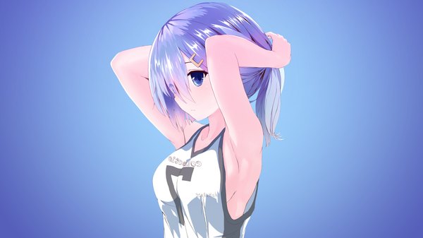 Anime picture 3840x2160 with kantai collection hamakaze destroyer assassinwarrior akaza akari (artist) single long hair looking at viewer fringe highres blue eyes light erotic simple background hair between eyes wide image absurdres purple hair upper body ponytail hair over one eye no bra