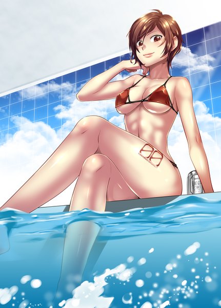 Anime picture 1134x1577 with vocaloid meiko caffein single tall image looking at viewer short hair breasts light erotic brown hair sitting brown eyes crossed legs girl swimsuit bikini pool red bikini