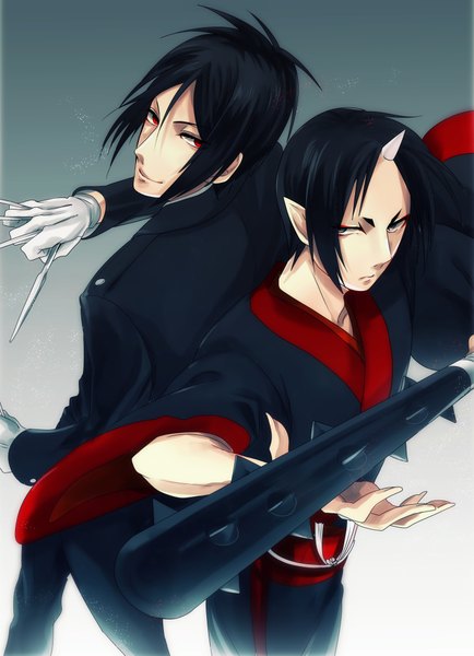 Anime picture 2964x4093 with kuroshitsuji hoozuki no reitetsu a-1 pictures wit studio sebastian michaelis hoozuki (hoozuki no reitetsu) hkm (hsk10) tall image looking at viewer fringe highres short hair black hair smile red eyes standing holding traditional clothes japanese clothes horn (horns)