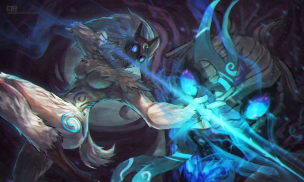 Anime picture 3508x2108 with league of legends kindred (league of legends) monori rogue long hair highres blue eyes black hair wide image purple eyes absurdres grey hair weapon animal fur mask bow (weapon) arrow (arrows) wolf sheep