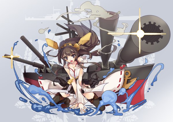 Anime picture 1414x1000 with kantai collection kongou battleship yoshiwo single long hair open mouth black hair black eyes nontraditional miko girl hair ornament weapon detached sleeves thigh boots