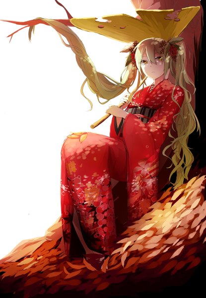 Anime picture 3998x5772 with vocaloid hatsune miku sogawa single long hair tall image looking at viewer blush fringe highres sitting twintails holding absurdres long sleeves traditional clothes japanese clothes hair flower aqua eyes sunlight